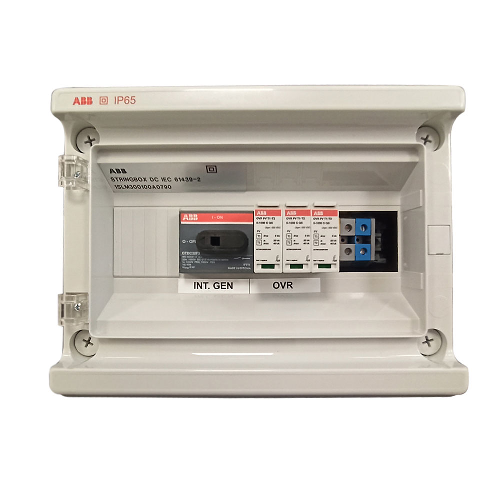 Quadro di protezione ABB precablato lato continua CC specifico per impianti fotovoltaici 1 stringa o 2 in parallelo