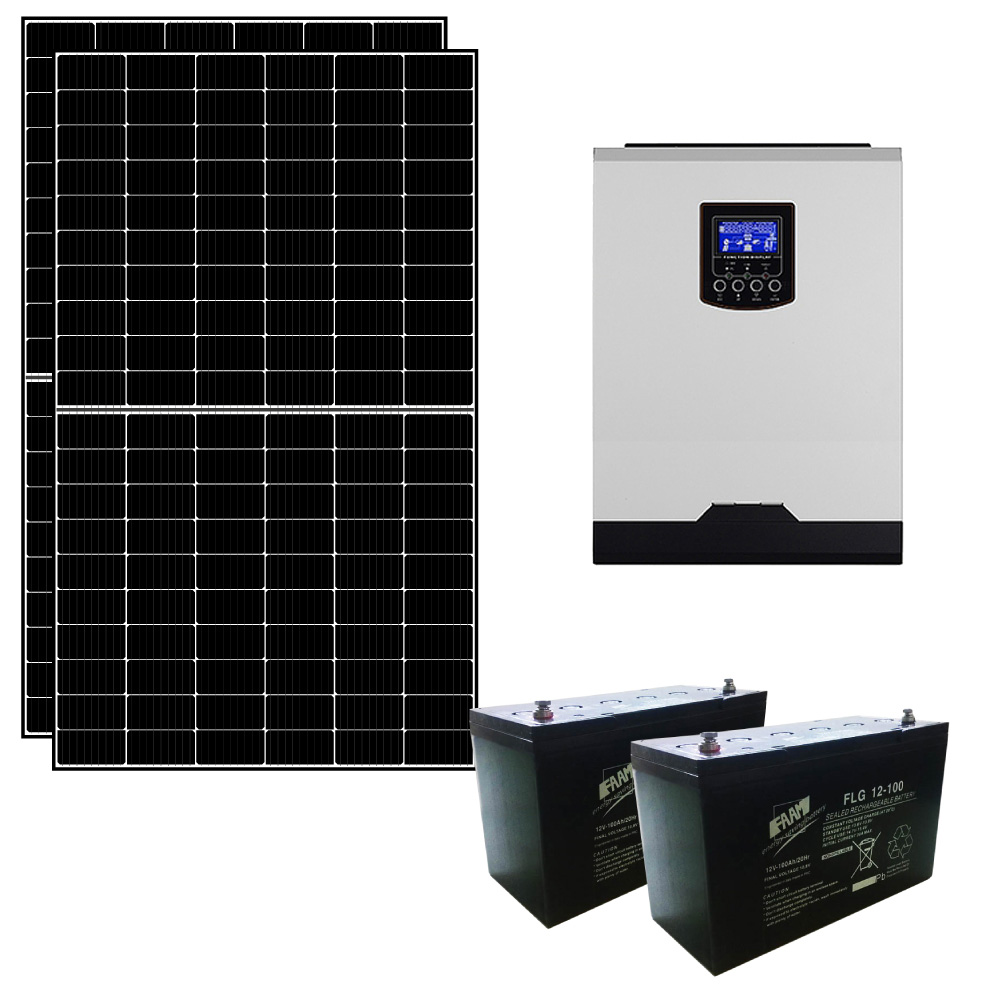 Kit fotovoltaico ibrido ad isola 0,8 kWp con inverter 3000W 24V PWM e 2 batterie 100Ah | KIT08KWKS