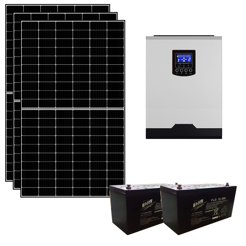Kit fotovoltaico ibrido ad isola 1 kWp con inverter 3000W 24V PWM e 2 batterie 200Ah | KIT1KWKS