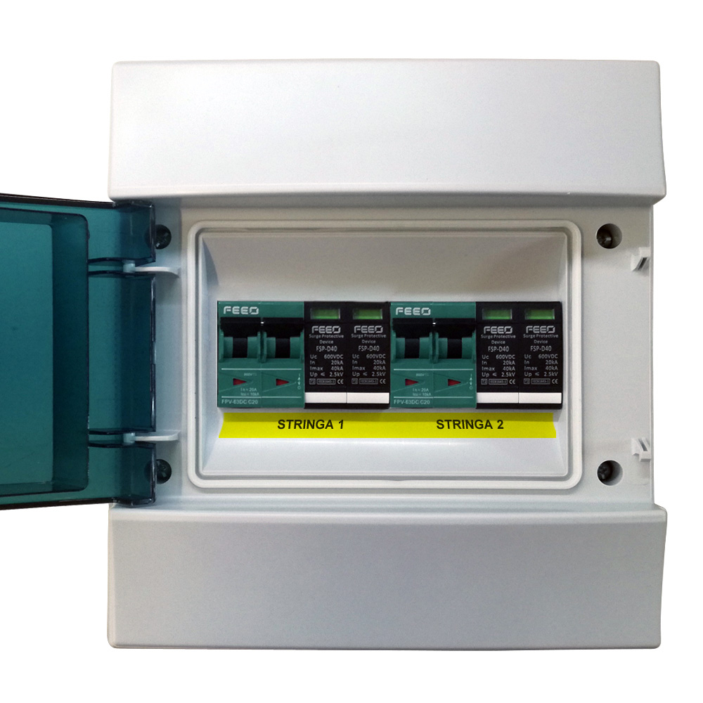 Quadro di protezione lato continua CC specifico per impianti fotovoltaici con 4 sezionatori indipendenti e bobine di sgancio