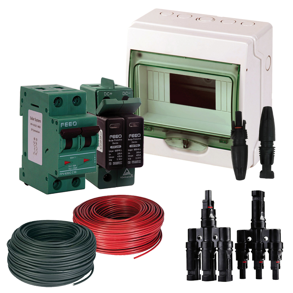 Kit quadro protezione + di 2 stringhe PV magnetotermici, scaricatori, cavi e connettori | QUA-CC-PAR