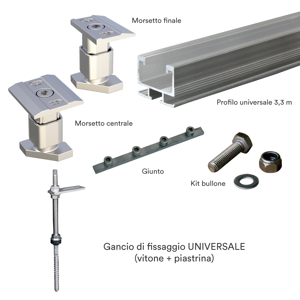 Kit struttura fissaggio 4 pannelli fotovoltaico UNIVERSALE (1x4 oppure 2x2)