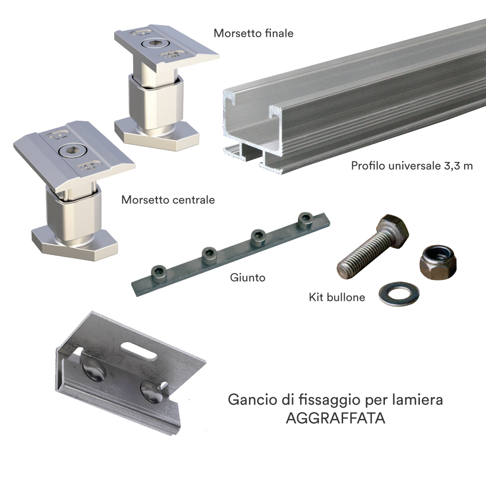 Kit struttura fissaggio 2 pannelli fotovoltaico (1x2) su lamiera AGGRAFFATA (copia)