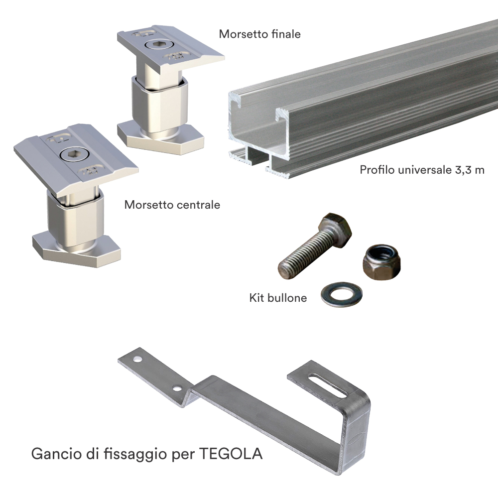 Kit struttura fissaggio 2 pannelli fotovoltaici su tetto in TEGOLE