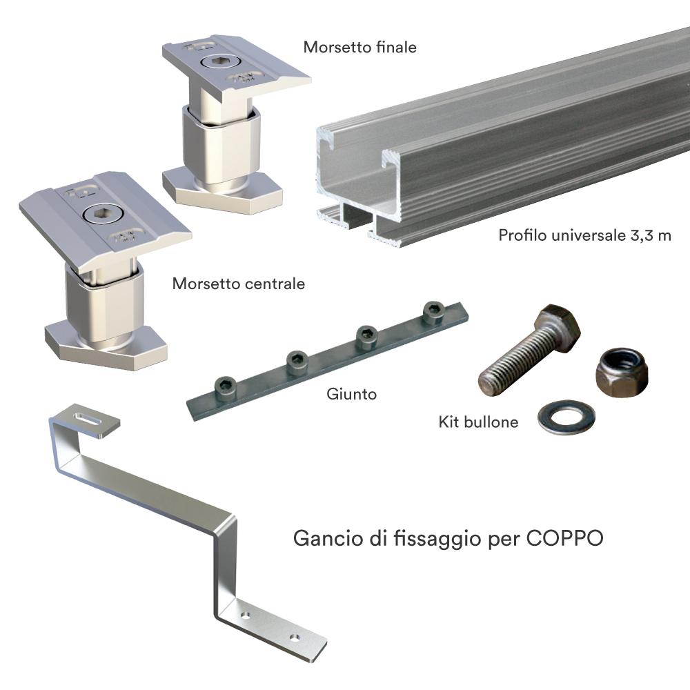 Kit struttura fissaggio 3 pannelli fotovoltaici (1x3) su tetto in COPPI (copia)