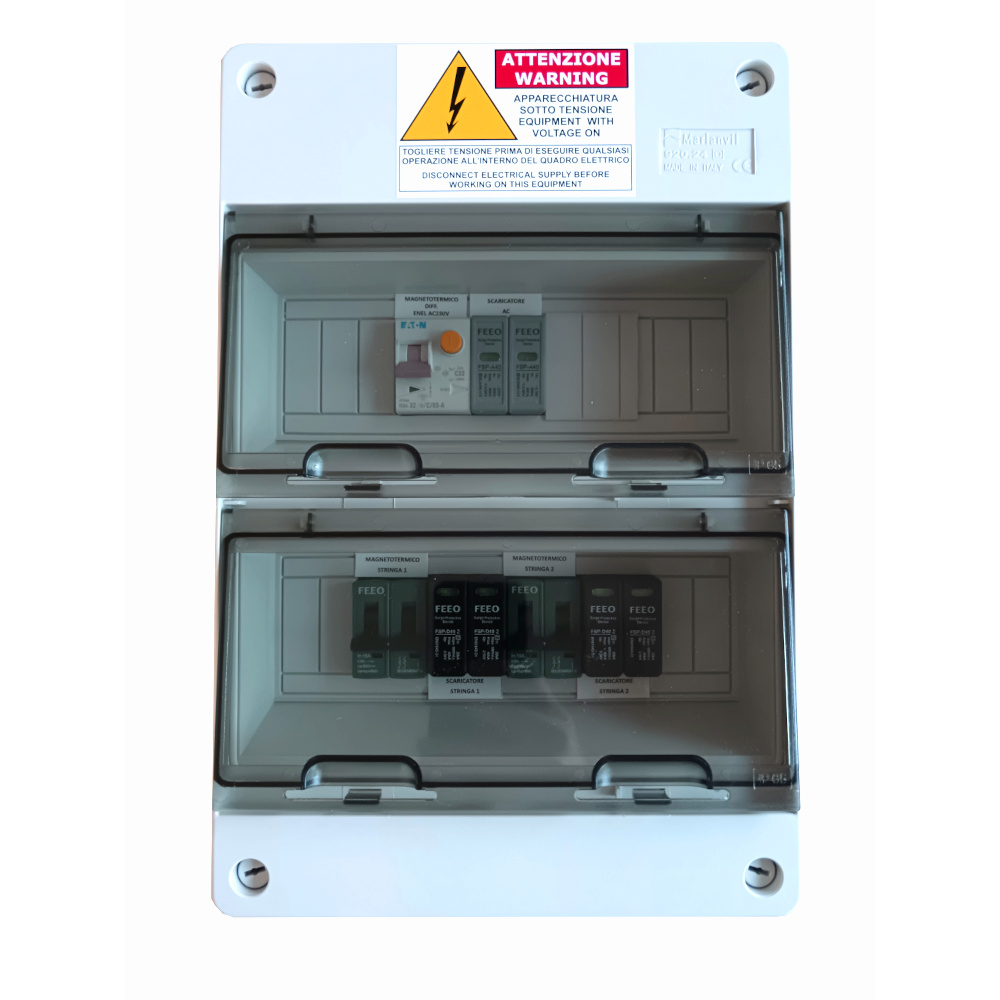 Quadro precablato completo CC 16A + CA 32A per impianti fotovoltaici con 2 STRINGHE