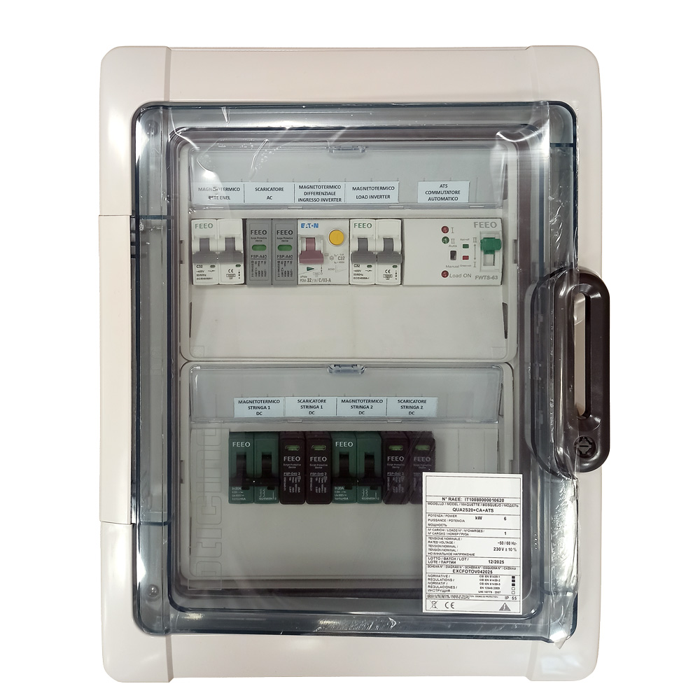 Quadro precablato completo CC 40A + CA 32A + ATS per impianti fotovoltaici con 2 STRINGHE