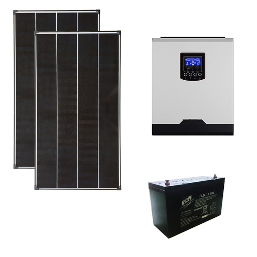 [KIT03KWKS] Kit fotovoltaico ibrido ad isola 0,3 kWp con inverter 1000W 12V PWM e batteria 100Ah | KIT03KWKS