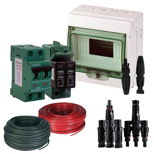 Kit quadro protezione + di 2 stringhe PV magnetotermici, scaricatori, cavi e connettori | QUA-CC-PAR