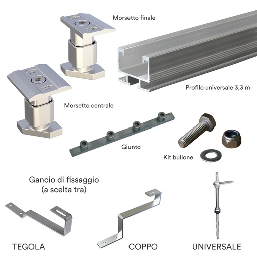 Kit struttura fissaggio 3 pannelli fotovoltaici per tetto inclinato (1x3)