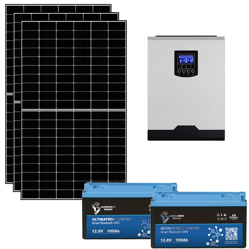 [KIT1KWLIT] Kit fotovoltaico ibrido ad isola 1 kWp con inverter 3000W 24V PWM e 2 batterie 100Ah litio | KIT1KWLIT