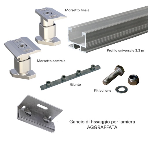 [STRU04A] Kit struttura fissaggio 4 pannelli fotovoltaici su lamiera AGGRAFFATA (1x4 oppure 2x2)