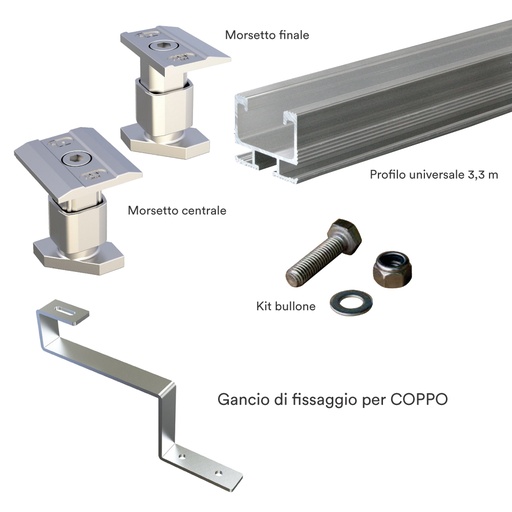 [STRU02C] Kit struttura fissaggio 1 pannello fotovoltaico su tetto in COPPI (copia)